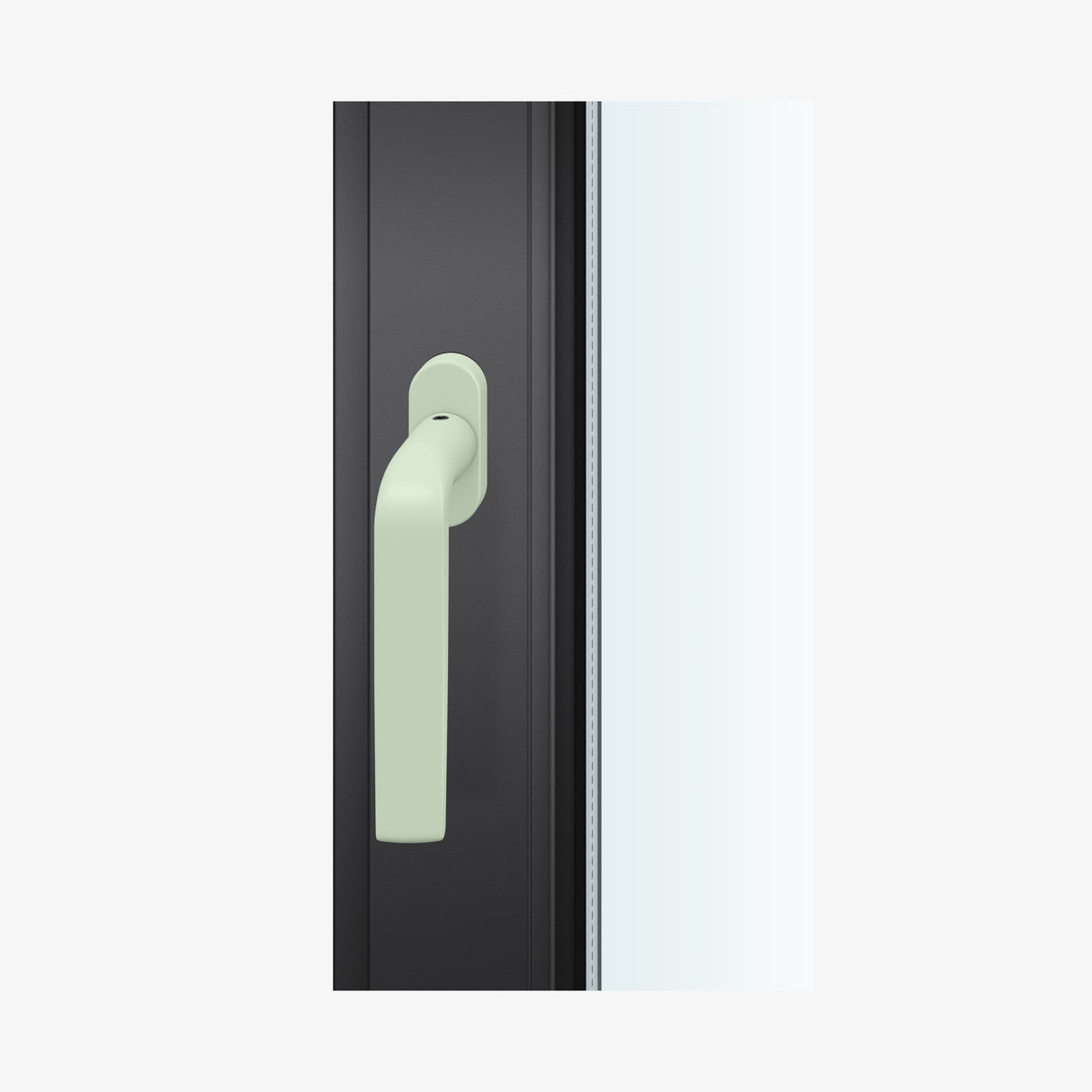 FSB 1267 Fenstergriff mit Kurzschild in Les Couleurs® Le Corbusier® Vert Anglais Pâle, auf dunklem Fensterrahmen.