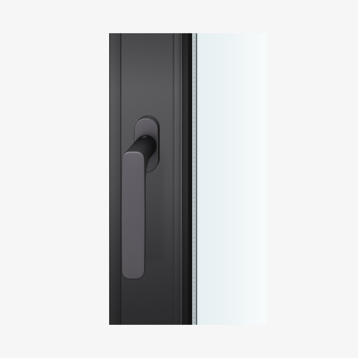 FSB 1289 Fenstergriff von Markus Michalski und Michael Schmidt in Aluminium 0810 Schwarz (C35), auf dunklem Fensterrahmen.