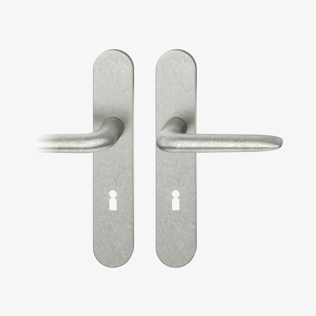 FSB 1292 Drückergarnitur von Foster + Partners mit ovalem Langschild in Aluminium Pure 0013, freigestellte Produktansicht.