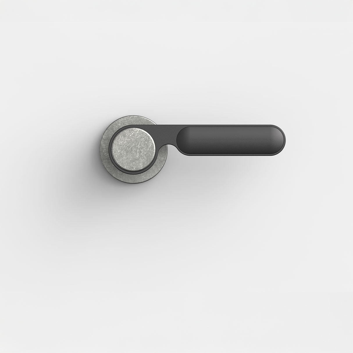 FSB 1138 Drückergarnitur von Dieter Rams rgs mit Rundrosette in Aluminium Pure 0013 und Schwarz 0810, freigestellte Produktansicht.