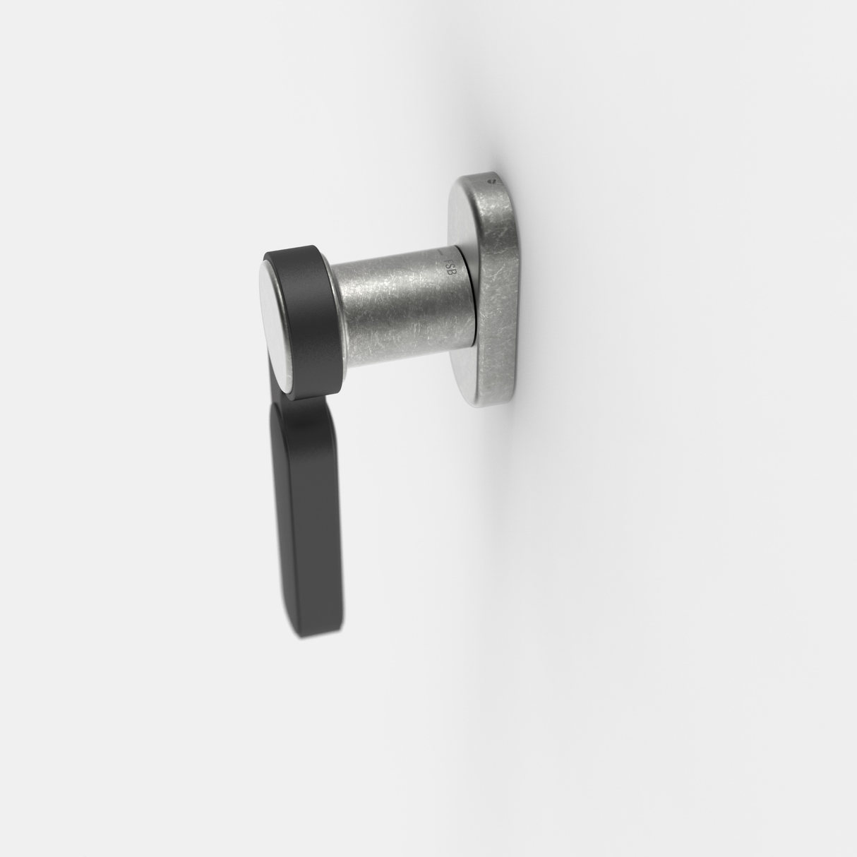 FSB 1138 Fenstergriff von Dieter Rams rgs in Aluminium Pure 0013 und Schwarz 0810, freigestellte Produktansicht, Draufsicht.