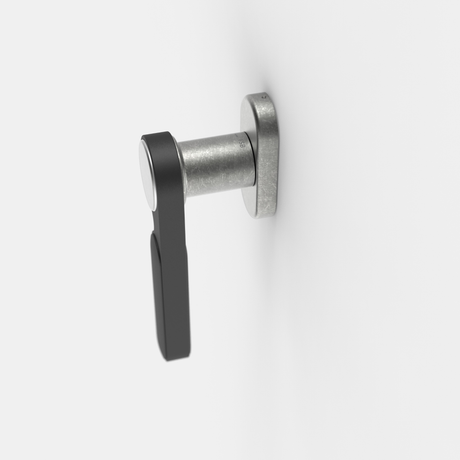 FSB 1138 Fenstergriff von Dieter Rams rgs in Aluminium Pure 0013 und Schwarz 0810, freigestellte Produktansicht, Draufsicht.