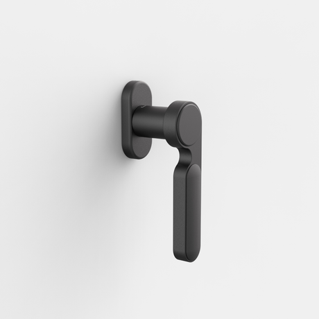 FSB 1138 Fenstergriff von Dieter Rams rgs in Schwarz 0810, freigestellte Produktansicht, Frontsicht.