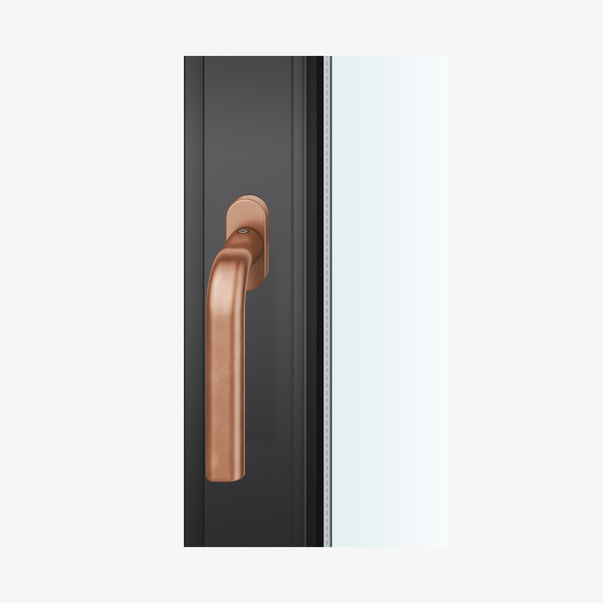 FSB 1242 Fenstergriff von John Pawson in Bronze 7615 hell patiniert, auf dunklem Fensterrahmen.