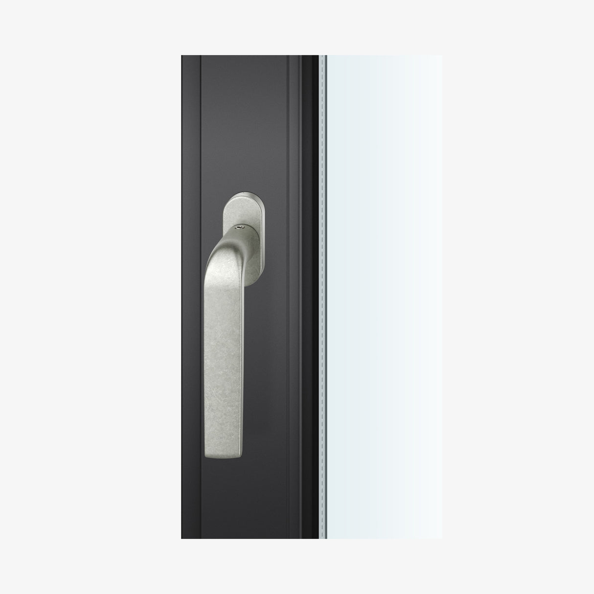 FSB 1267 Fenstergriff von Mies van der Rohe in Aluminium Pure 0013, auf dunklem Fensterrahmen.