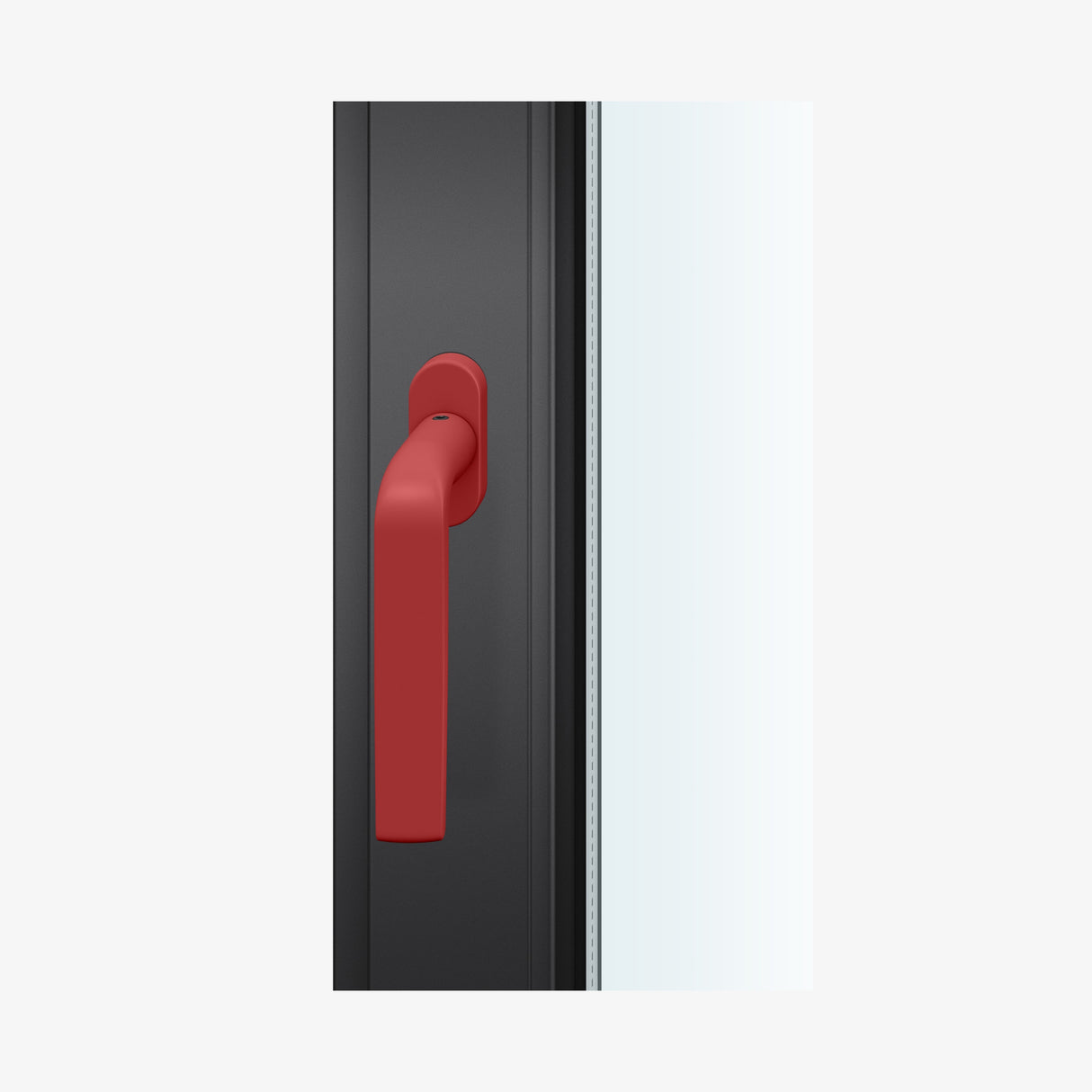 FSB 1267 Fenstergriff mit Kurzschild in Les Couleurs® Le Corbusier® Rouge Vermillon 31, auf dunklem Fensterrahmen.
