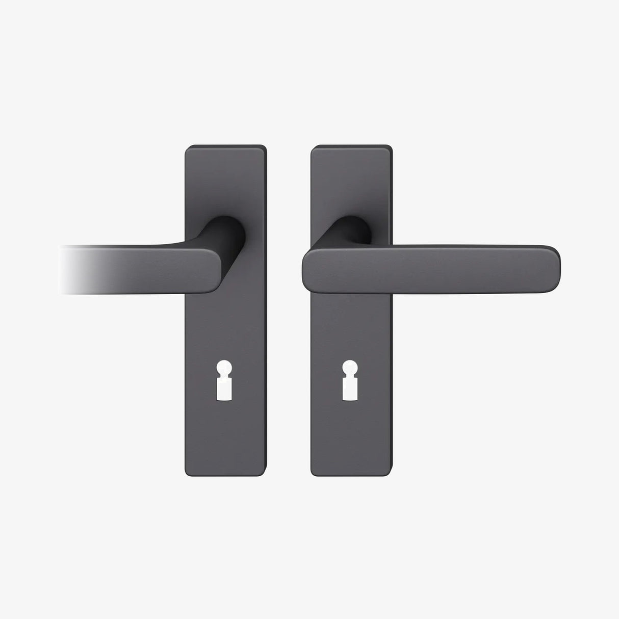 FSB 1289 Drückergarnitur von Markus Michalski und Michael Schmidt mit eckigem Kurzschild in Aluminium 0810 Schwarz (C35), freigestellte Produktansicht.