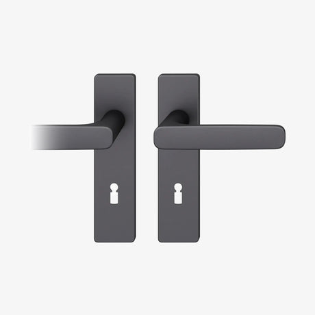 FSB 1289 Drückergarnitur von Markus Michalski und Michael Schmidt mit eckigem Kurzschild in Aluminium 0810 Schwarz (C35), freigestellte Produktansicht.