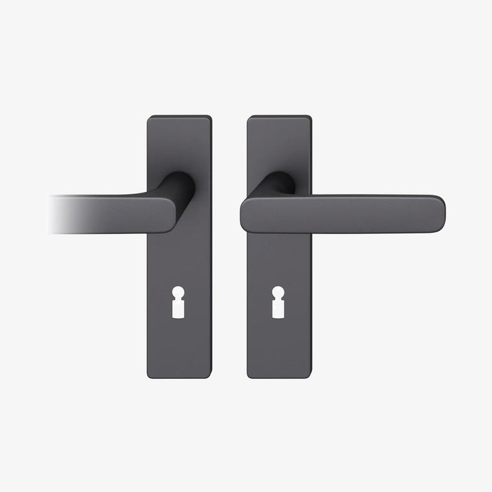 FSB 1289 Drückergarnitur von Markus Michalski und Michael Schmidt mit eckigem Kurzschild in Aluminium 0810 Schwarz (C35), freigestellte Produktansicht.