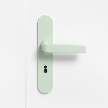 FSB 1267 Türdrücker mit Langschild in Les Couleurs® Le Corbusier® Vert Anglais Pâle auf weißer Tür, Frontansicht.