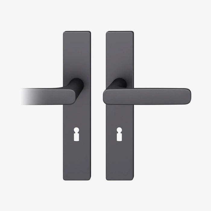 FSB 1289 Drückergarnitur von Markus Michalski und Michael Schmidt mit eckigem Langschild in Aluminium 0810 Schwarz (C35), freigestellte Produktansicht.