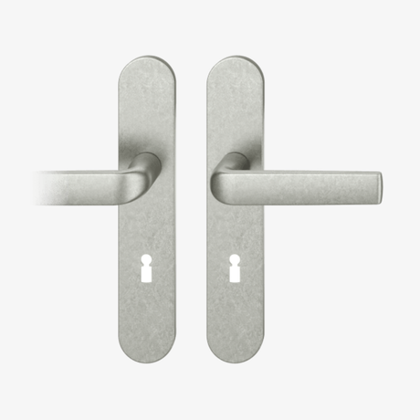 FSB 1267 Drückergarnitur von Mies van der Rohe mit ovalem Langschild in Aluminium Pure 0013, freigestellte Produktansicht.