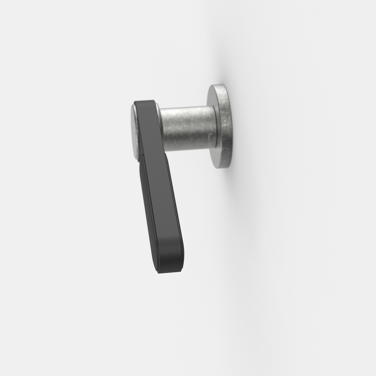 FSB 1138 Drückergarnitur von Dieter Rams rgs mit Rundrosette in Aluminium Pure 0013 und Schwarz 0810, freigestellte Produktansicht, Draufsicht.