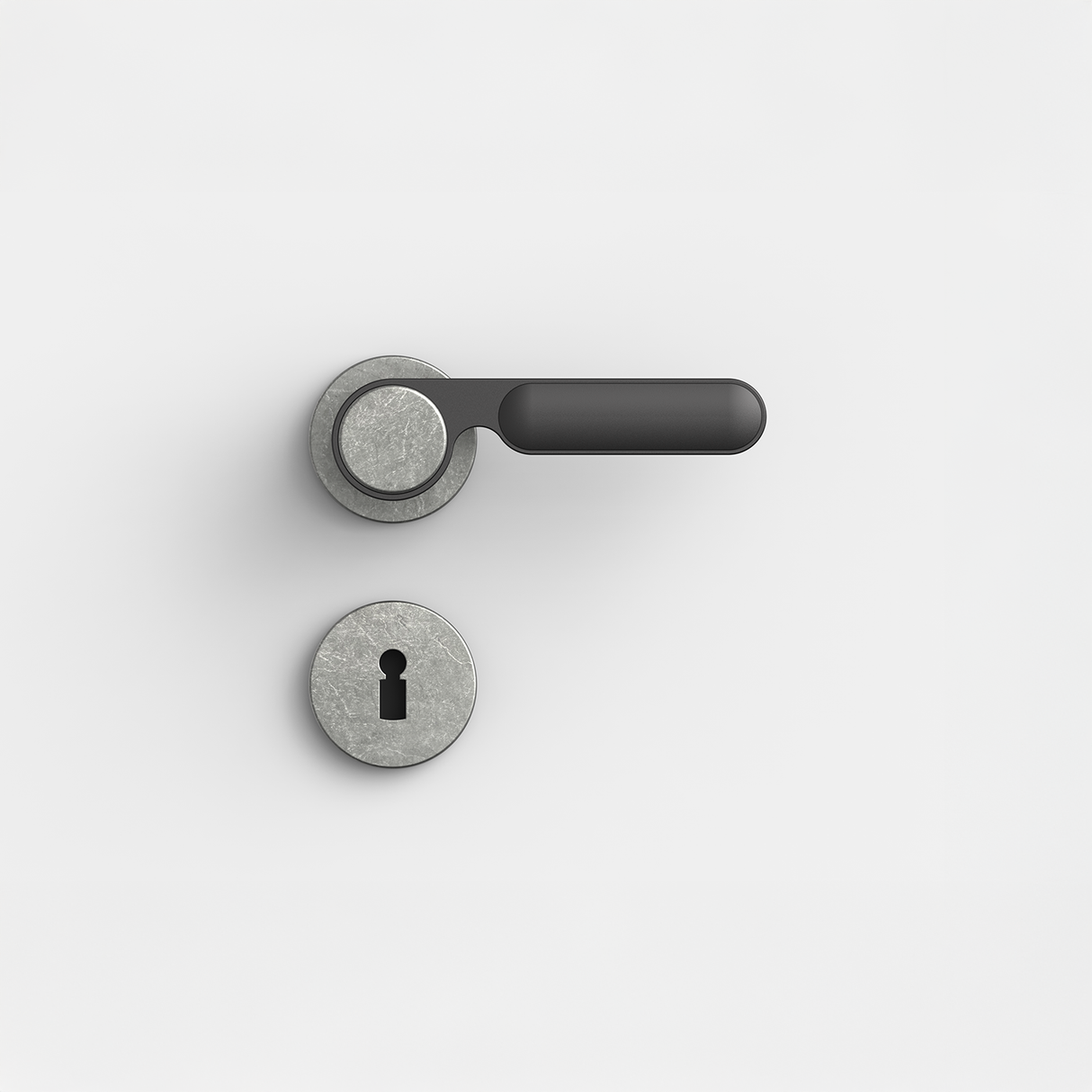 FSB 1138 Drückergarnitur von Dieter Rams rgs mit Rundrosetten in Aluminium Pure 0013 und Schwarz 0810, freigestellte Produktansicht.