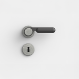 FSB 1138 Drückergarnitur von Dieter Rams rgs mit Rundrosetten in Aluminium Pure 0013 und Schwarz 0810, freigestellte Produktansicht.