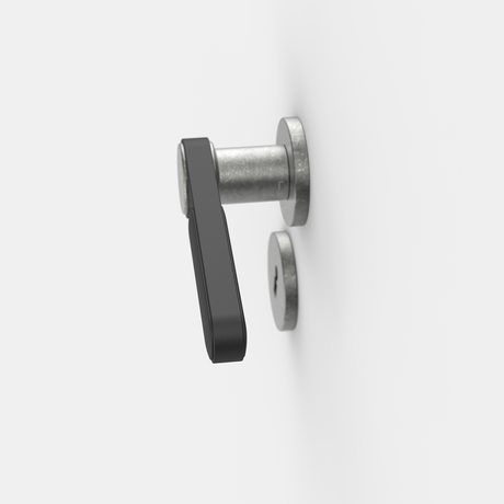 FSB 1138 Drückergarnitur von Dieter Rams rgs mit Rundrosetten in Aluminium Pure 0013 und Schwarz 0810, freigestellte Produktansicht, Draufsicht.