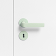 FSB 1267 Türdrücker mit Rundrosetten in Les Couleurs® Le Corbusier® Vert Anglais Pâle auf weißer Tür, Frontansicht.