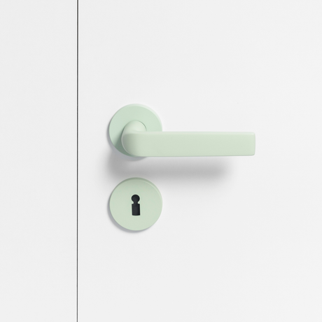 FSB 1267 Türdrücker mit Rundrosetten in Les Couleurs® Le Corbusier® Vert Anglais Pâle auf weißer Tür, Frontansicht.
