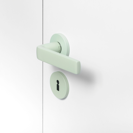 FSB 1267 Türdrücker mit Rundrosetten in Les Couleurs® Le Corbusier® Vert Anglais Pâle auf weißer Tür, Seitenansicht.